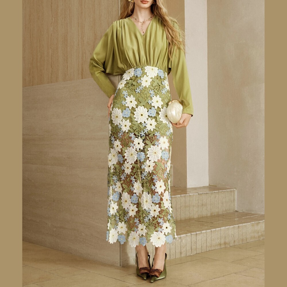 Sage Green Floral Lace V Neck Long Sleeve Satin Bodice Maxi Dress